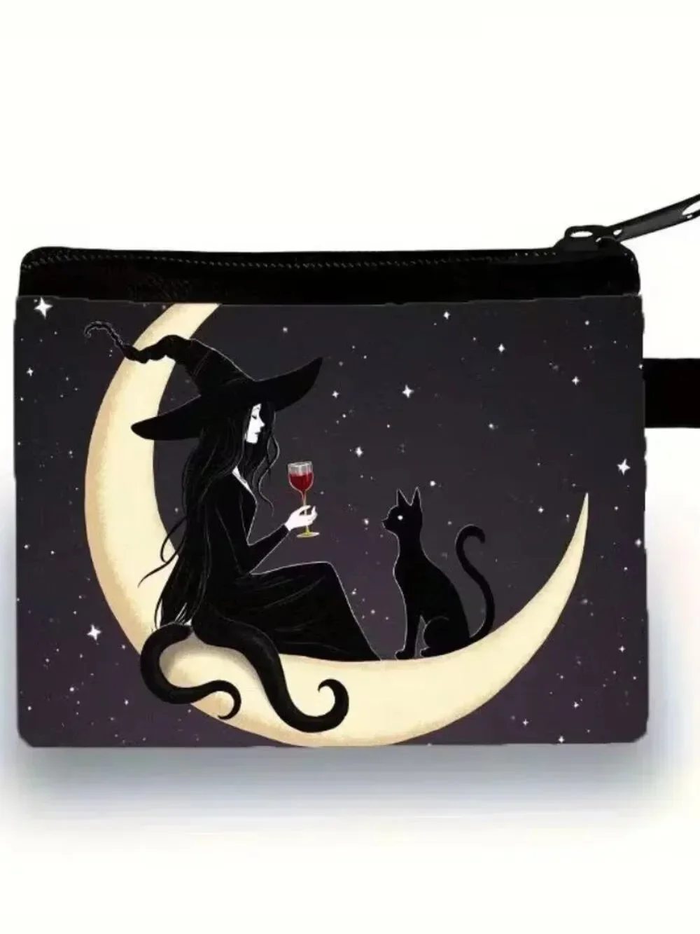 Halloween Gothic Witch w Red Wine and Cat Makeup Bag Double-Sided 4.1